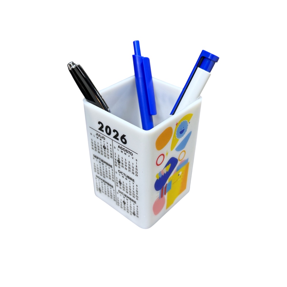 Cubo portalapiz blanco con calendario